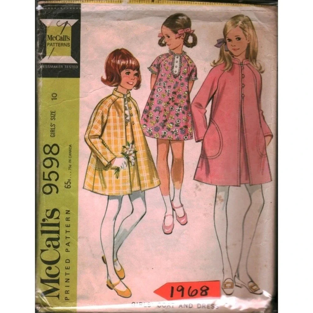 9598 Vintage 1968 McCalls Girls Coat and Dress Sewing Pattern Size 10 CUT  Retro
